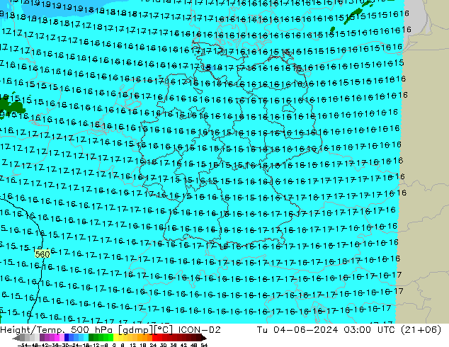 Height/Temp. 500 hPa ICON-D2 Di 04.06.2024 03 UTC