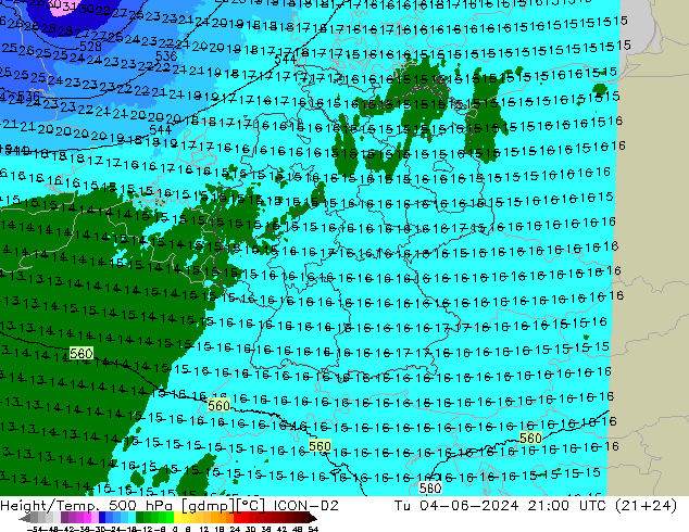 Height/Temp. 500 hPa ICON-D2 Tu 04.06.2024 21 UTC