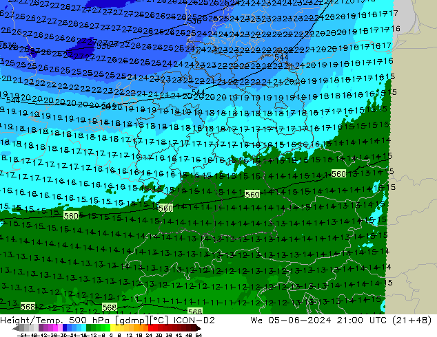 Hoogte/Temp. 500 hPa ICON-D2 wo 05.06.2024 21 UTC