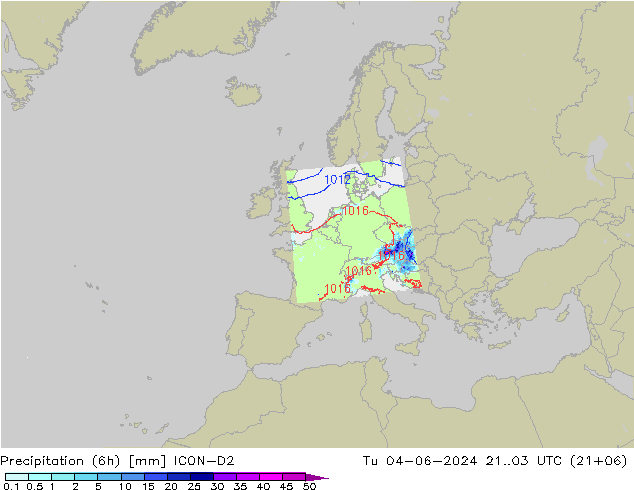 Precipitation (6h) ICON-D2 Út 04.06.2024 03 UTC