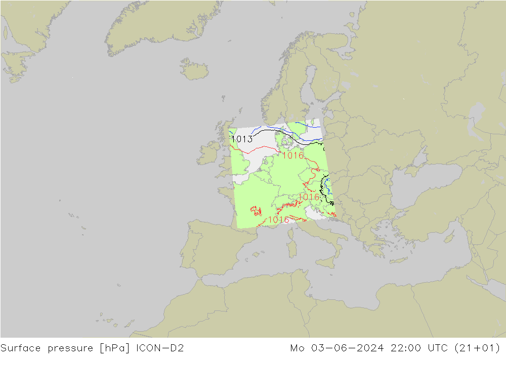 Atmosférický tlak ICON-D2 Po 03.06.2024 22 UTC