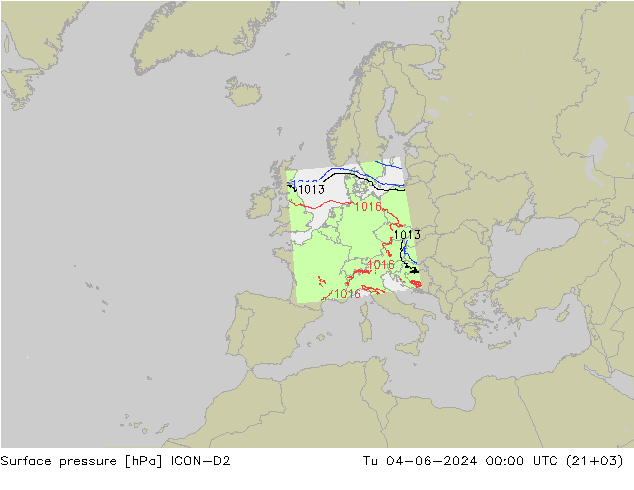 Pressione al suolo ICON-D2 mar 04.06.2024 00 UTC