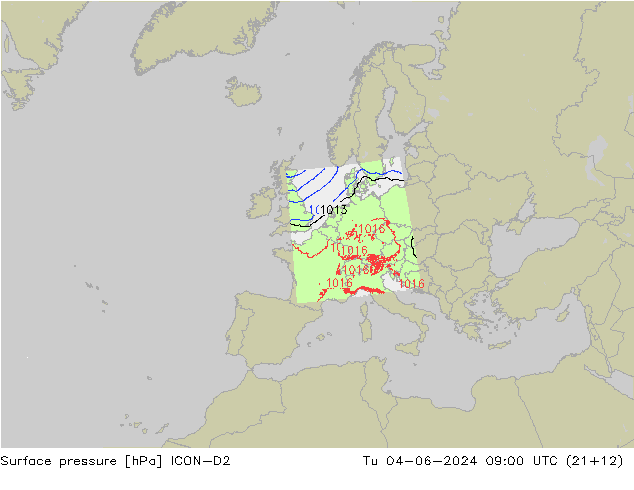 Surface pressure ICON-D2 Tu 04.06.2024 09 UTC