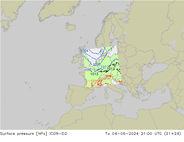 Surface pressure ICON-D2 Tu 04.06.2024 21 UTC