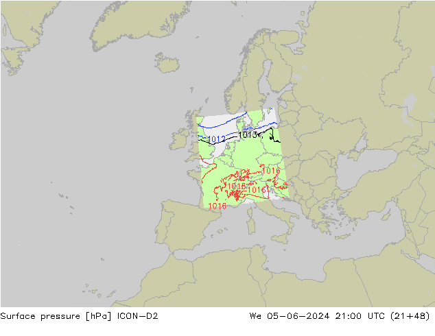 Surface pressure ICON-D2 We 05.06.2024 21 UTC