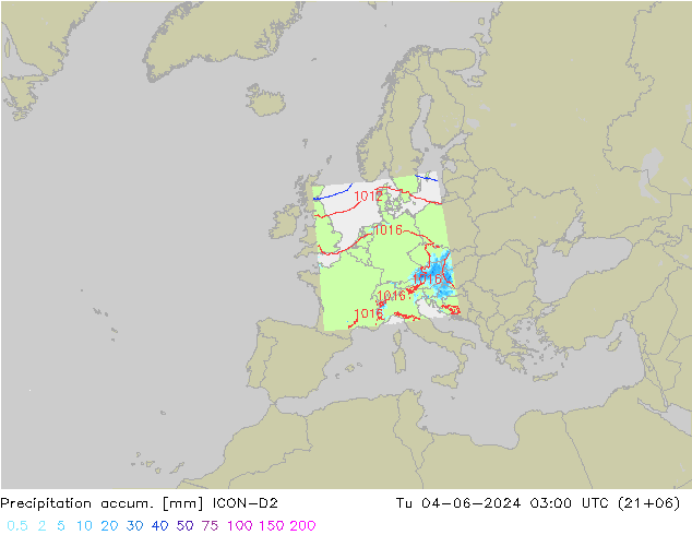 Precipitation accum. ICON-D2 Út 04.06.2024 03 UTC