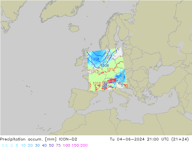 Precipitation accum. ICON-D2 Út 04.06.2024 21 UTC