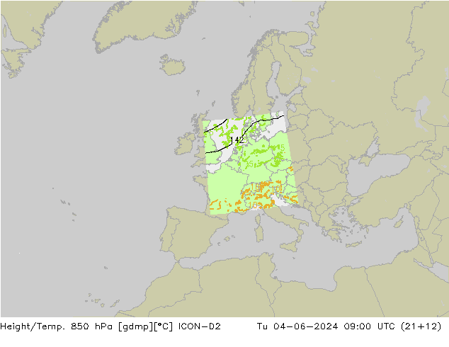 Géop./Temp. 850 hPa ICON-D2 mar 04.06.2024 09 UTC