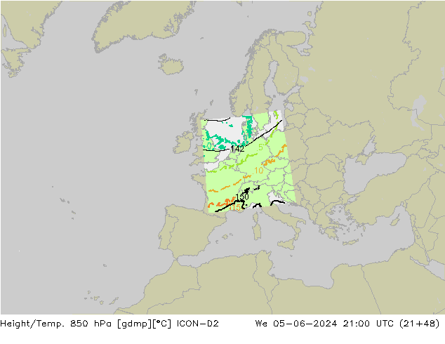 Height/Temp. 850 hPa ICON-D2 We 05.06.2024 21 UTC