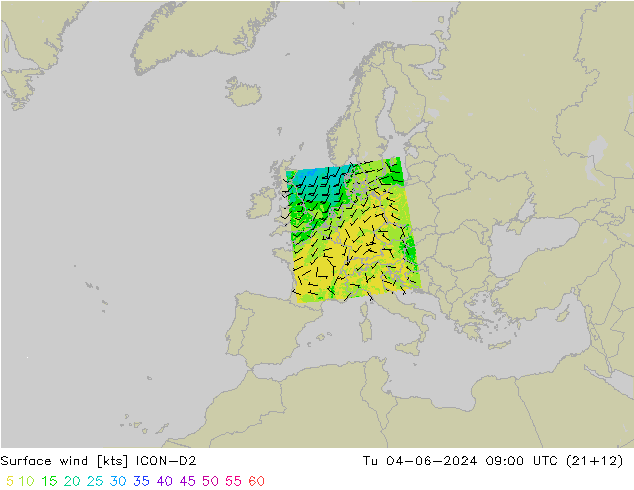 Surface wind ICON-D2 Út 04.06.2024 09 UTC