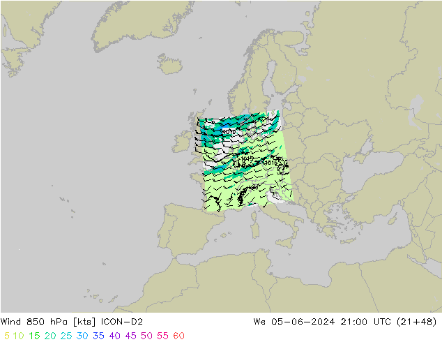 Rüzgar 850 hPa ICON-D2 Çar 05.06.2024 21 UTC