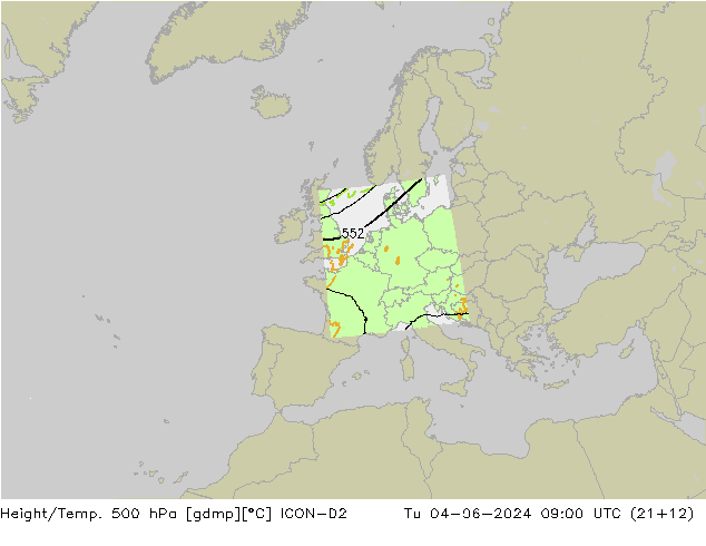 Height/Temp. 500 hPa ICON-D2 wto. 04.06.2024 09 UTC