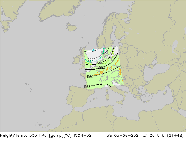 Height/Temp. 500 hPa ICON-D2 Mi 05.06.2024 21 UTC