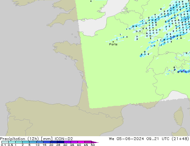 Totale neerslag (12h) ICON-D2 wo 05.06.2024 21 UTC