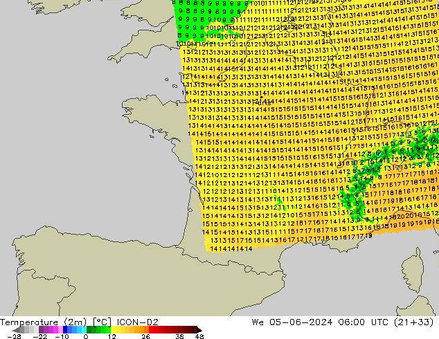 Temperatuurkaart (2m) ICON-D2 wo 05.06.2024 06 UTC