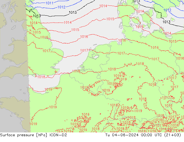 Pressione al suolo ICON-D2 mar 04.06.2024 00 UTC