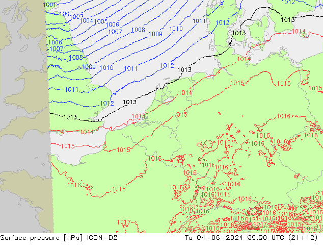 Surface pressure ICON-D2 Tu 04.06.2024 09 UTC