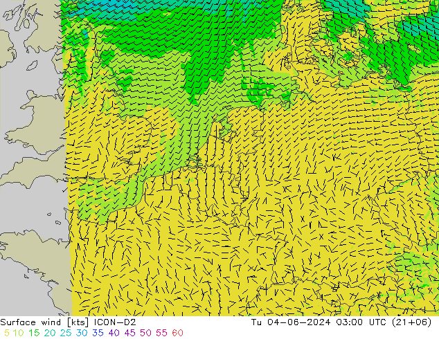 Viento 10 m ICON-D2 mar 04.06.2024 03 UTC