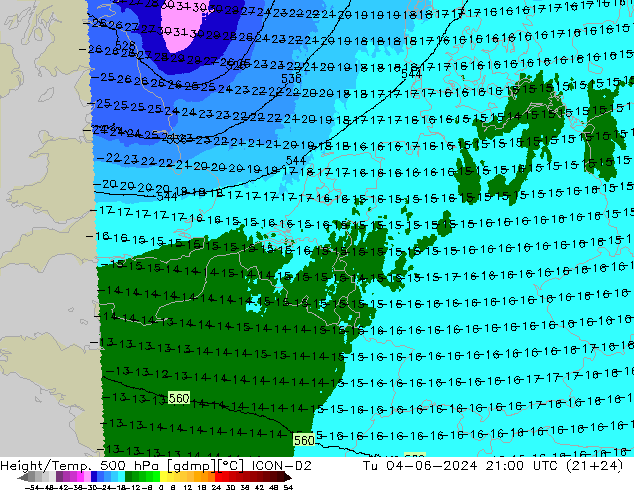 Height/Temp. 500 гПа ICON-D2 вт 04.06.2024 21 UTC