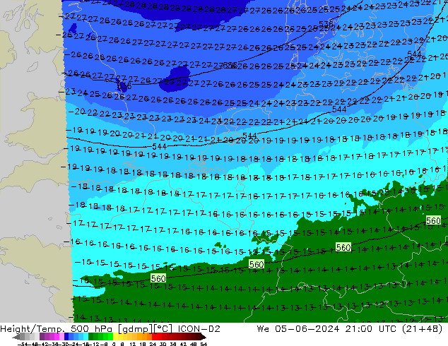 Geop./Temp. 500 hPa ICON-D2 mié 05.06.2024 21 UTC