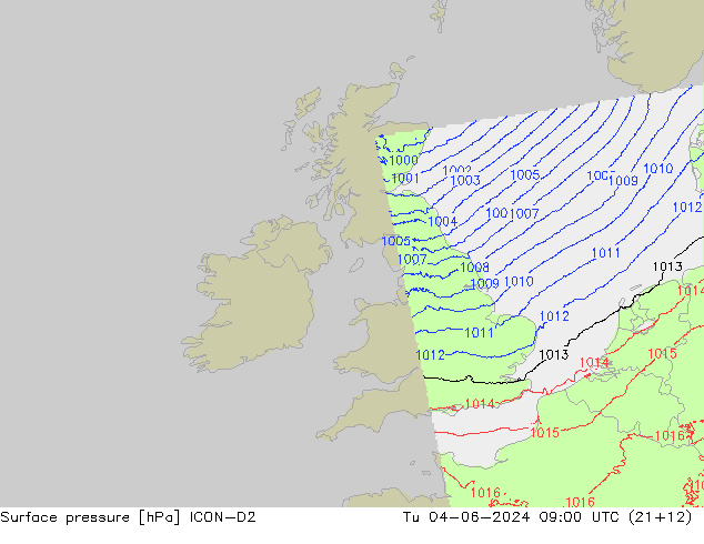 Atmosférický tlak ICON-D2 Út 04.06.2024 09 UTC