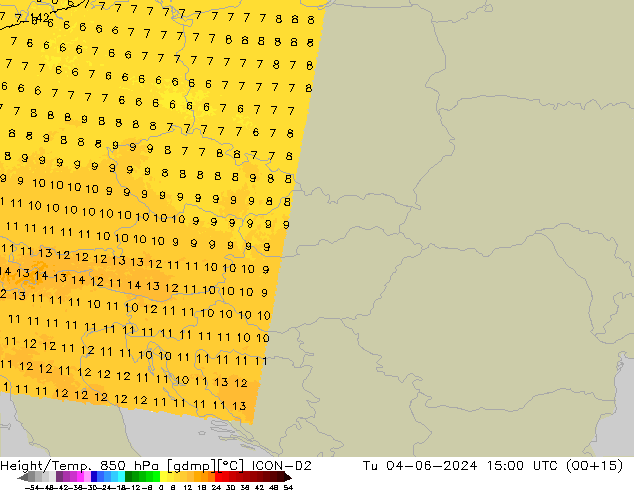 Height/Temp. 850 hPa ICON-D2 Út 04.06.2024 15 UTC