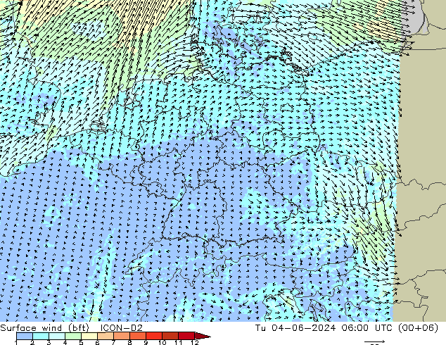 Surface wind (bft) ICON-D2 Tu 04.06.2024 06 UTC