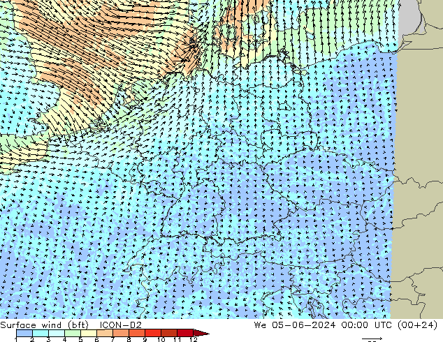 Surface wind (bft) ICON-D2 We 05.06.2024 00 UTC