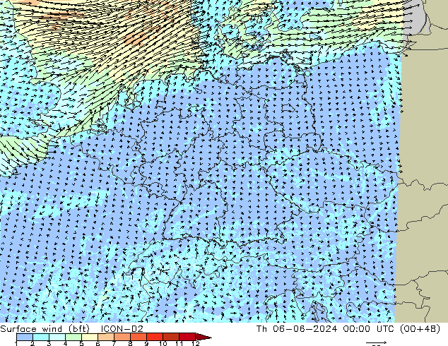 �N 10 米 (bft) ICON-D2 星期四 06.06.2024 00 UTC