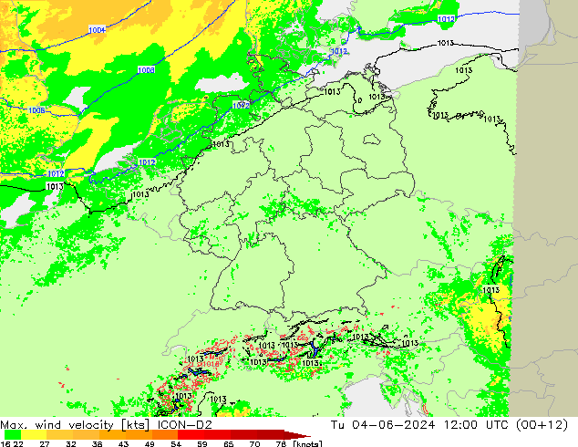 Max. wind velocity ICON-D2 Ter 04.06.2024 12 UTC