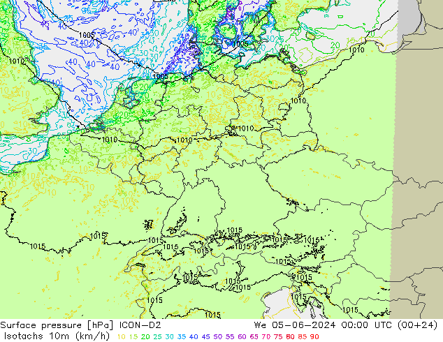 Isotachen (km/h) ICON-D2 Mi 05.06.2024 00 UTC