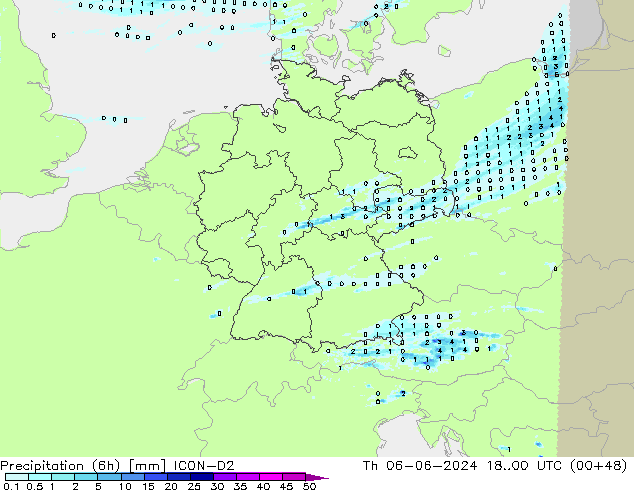 Precipitation (6h) ICON-D2 Čt 06.06.2024 00 UTC