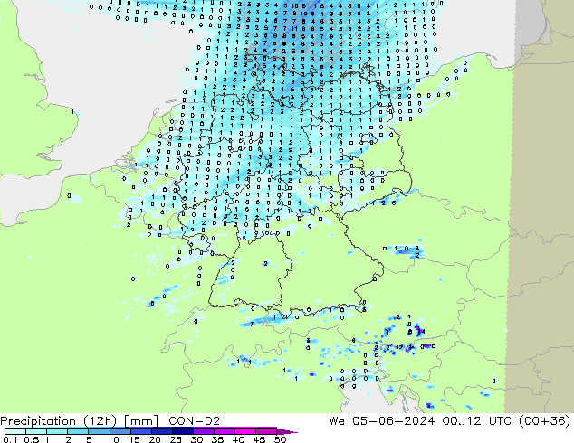 Precipitazione (12h) ICON-D2 mer 05.06.2024 12 UTC