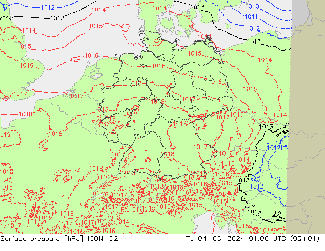 Pressione al suolo ICON-D2 mar 04.06.2024 01 UTC