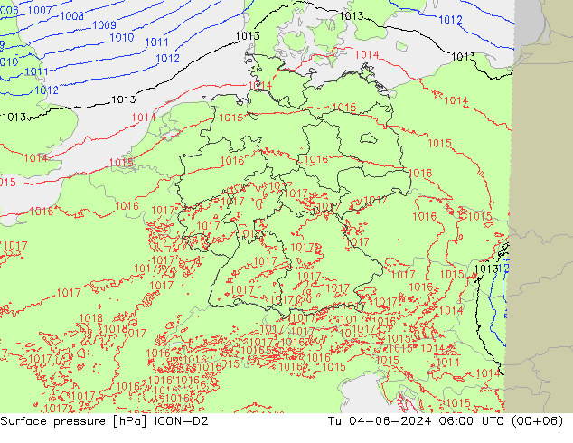 Pressione al suolo ICON-D2 mar 04.06.2024 06 UTC