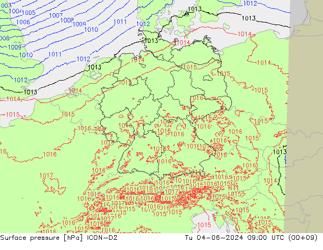 приземное давление ICON-D2 вт 04.06.2024 09 UTC