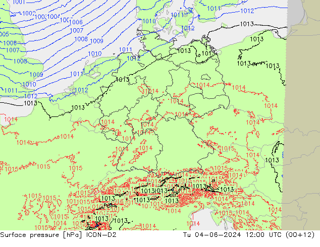 地面气压 ICON-D2 星期二 04.06.2024 12 UTC