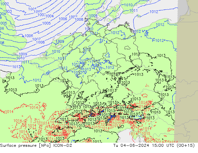 Luchtdruk (Grond) ICON-D2 di 04.06.2024 15 UTC