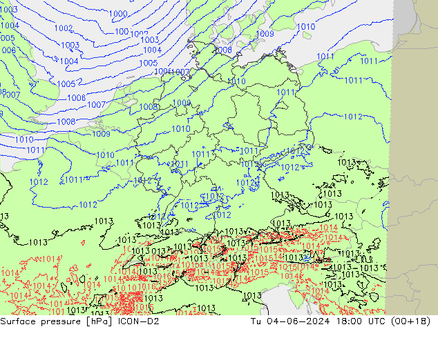 Surface pressure ICON-D2 Tu 04.06.2024 18 UTC