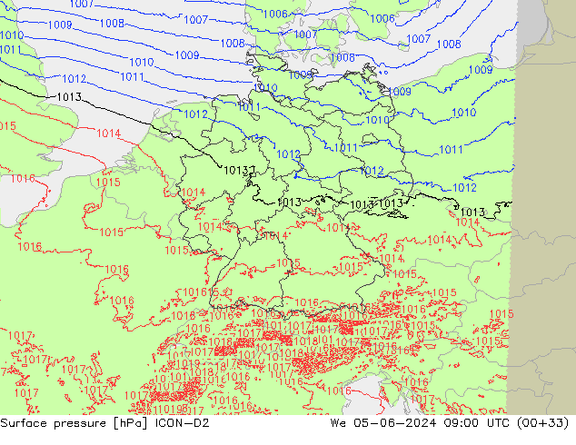 Surface pressure ICON-D2 We 05.06.2024 09 UTC