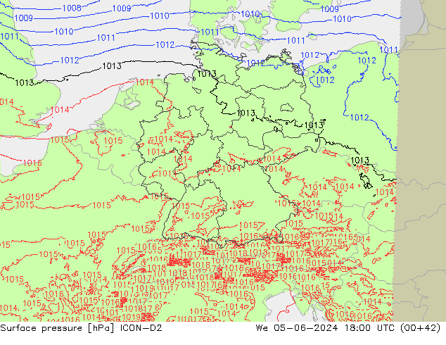 Presión superficial ICON-D2 mié 05.06.2024 18 UTC