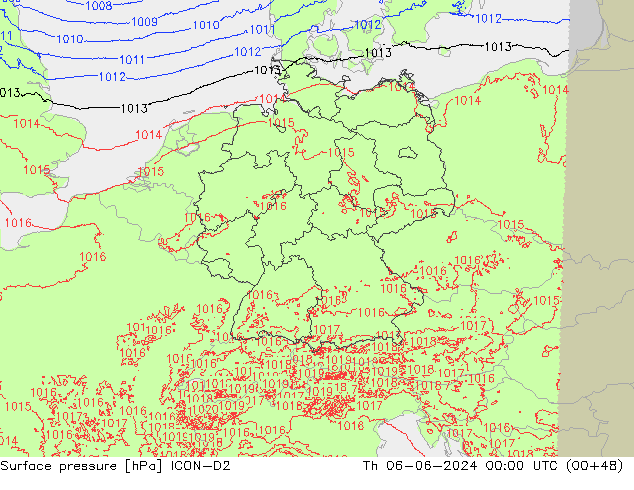 Pressione al suolo ICON-D2 gio 06.06.2024 00 UTC