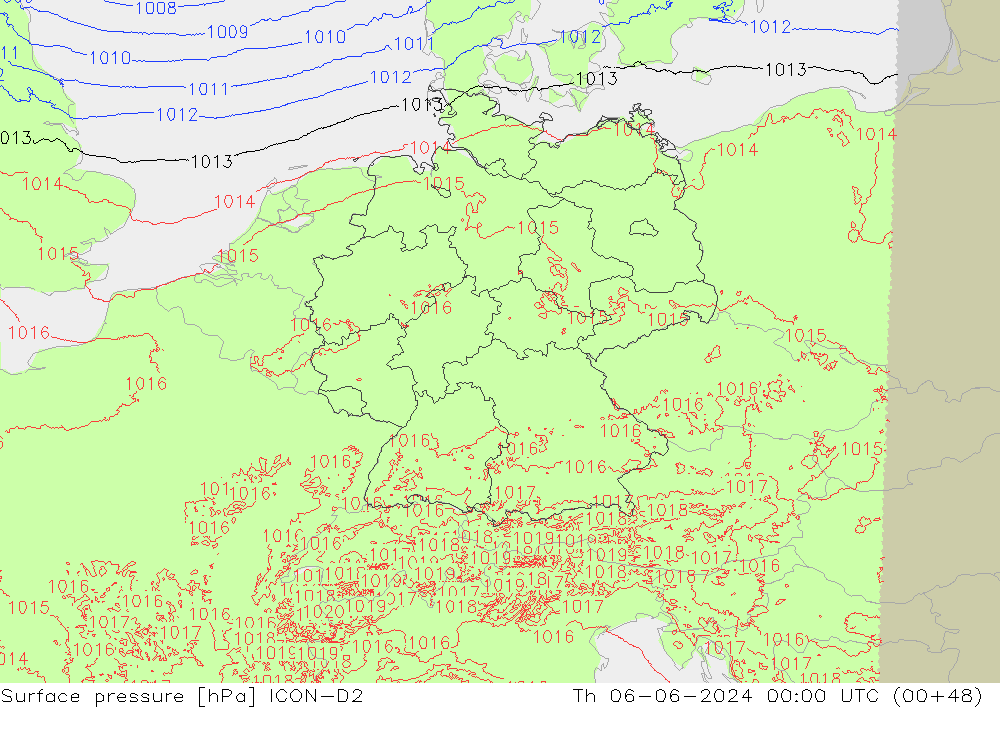 Surface pressure ICON-D2 Th 06.06.2024 00 UTC