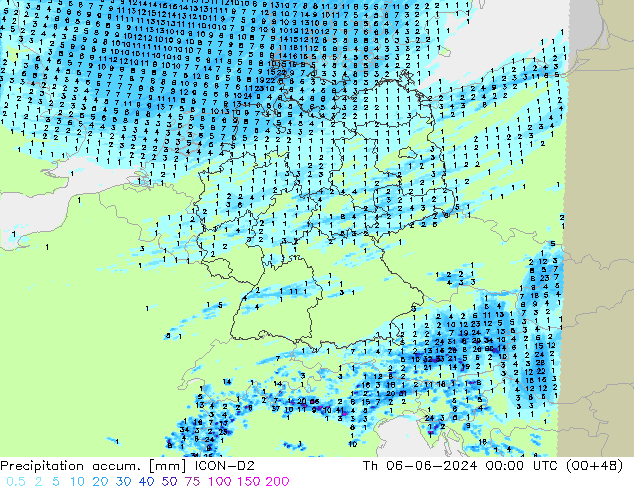 Precipitation accum. ICON-D2 Th 06.06.2024 00 UTC