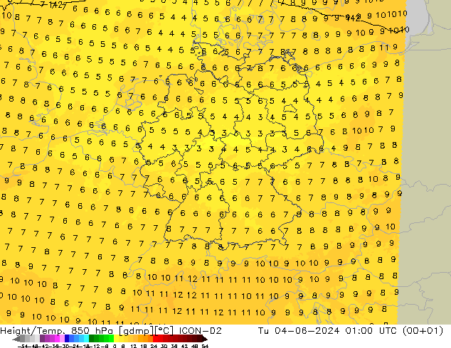 Height/Temp. 850 hPa ICON-D2 Tu 04.06.2024 01 UTC