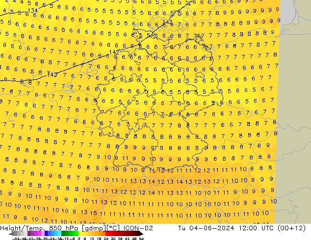 Height/Temp. 850 hPa ICON-D2 Tu 04.06.2024 12 UTC