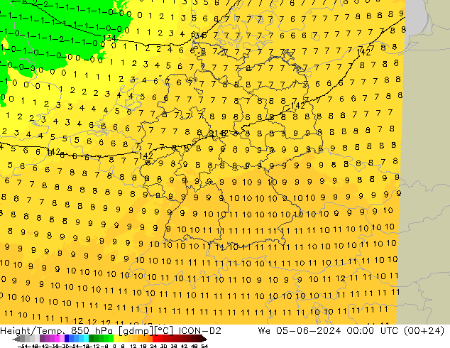 Height/Temp. 850 hPa ICON-D2 mer 05.06.2024 00 UTC