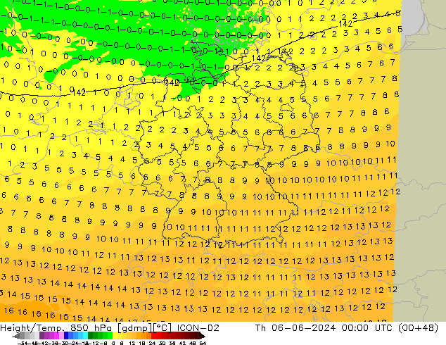 Hoogte/Temp. 850 hPa ICON-D2 do 06.06.2024 00 UTC