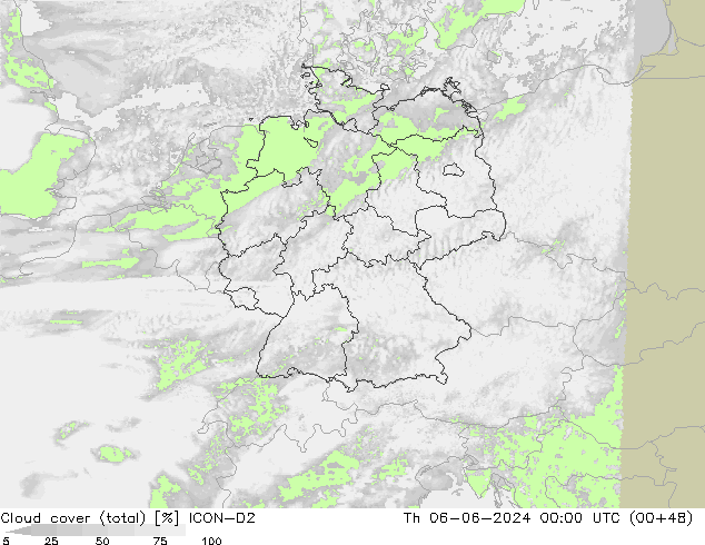 Cloud cover (total) ICON-D2 Th 06.06.2024 00 UTC