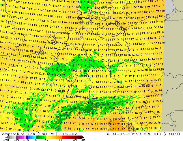 Temperature High (2m) ICON-D2 Tu 04.06.2024 03 UTC